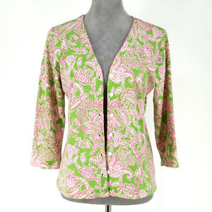 Carole Little Sweater Womens Small Silk Blend Green Pink Paisley Cardigan Career